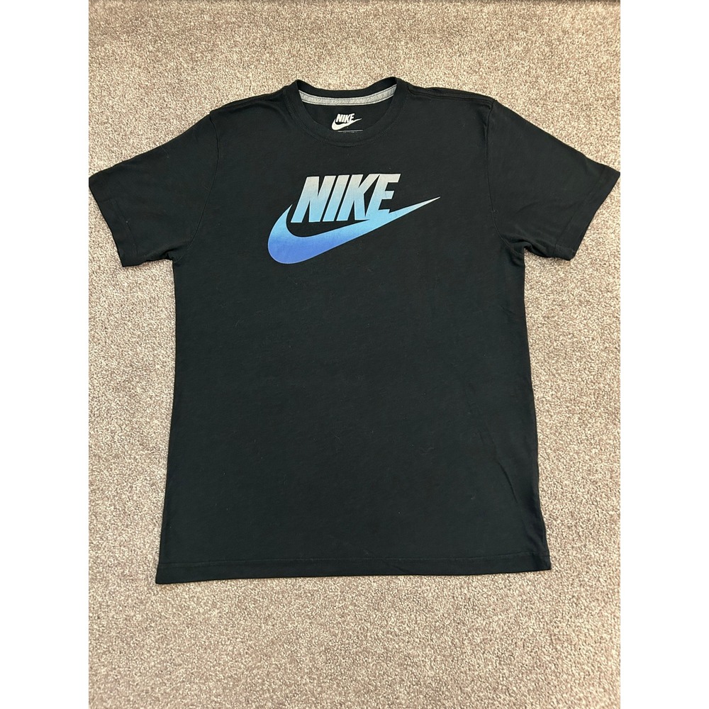 Nike Graphic T-Shirt Mens Medium Black Excellent Blue Gradient Logo Tee